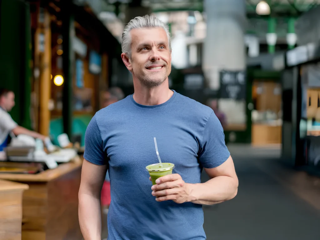 Image of a person happy drinking a smoothie.